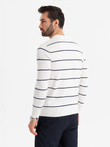 Men's horizontal striped polo longsleeve with viscose - white and navy blue V2 OM-POLS-0146