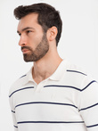 Men's horizontal striped polo longsleeve with viscose - white and navy blue V2 OM-POLS-0146