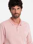 Men's melange polo longsleeve with embroidery - pink melange V2 OM-POLS-0129