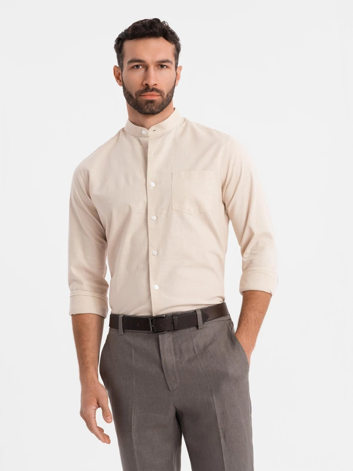 Vyriški lininiai marškiniai su apykakle ir kišenėmis REGULAR FIT - kreminiai V3 OM-SHCS-0161