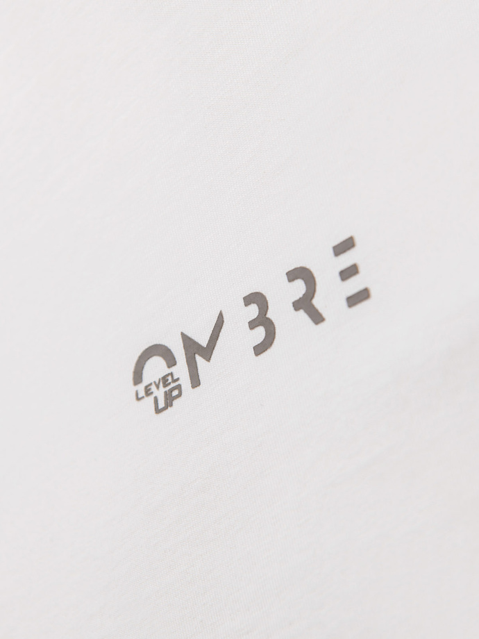 Vyriška medvilninė U formos marškininė su ilgomis rankovėmis, apvadais ir spauda ant krūtinės - laužyta balta V3 OM-LSCL-0127