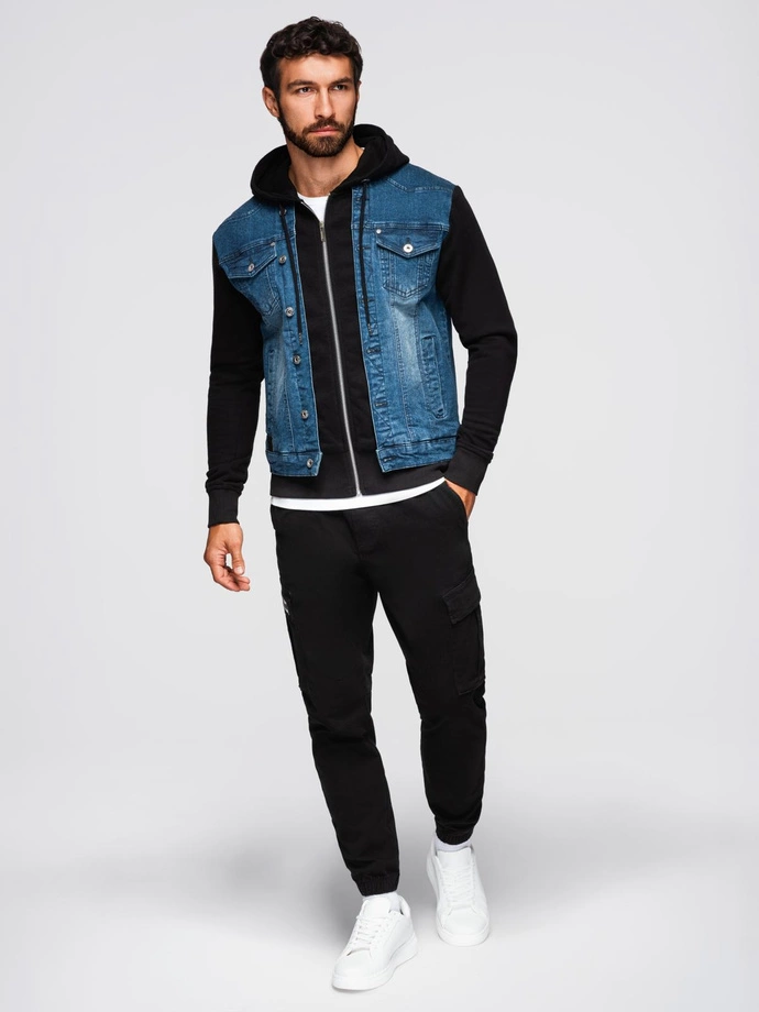 Pánská džínová bunda s pletenými rukávy a kapucí - modrá a černá V2 OM-JADJ-0220