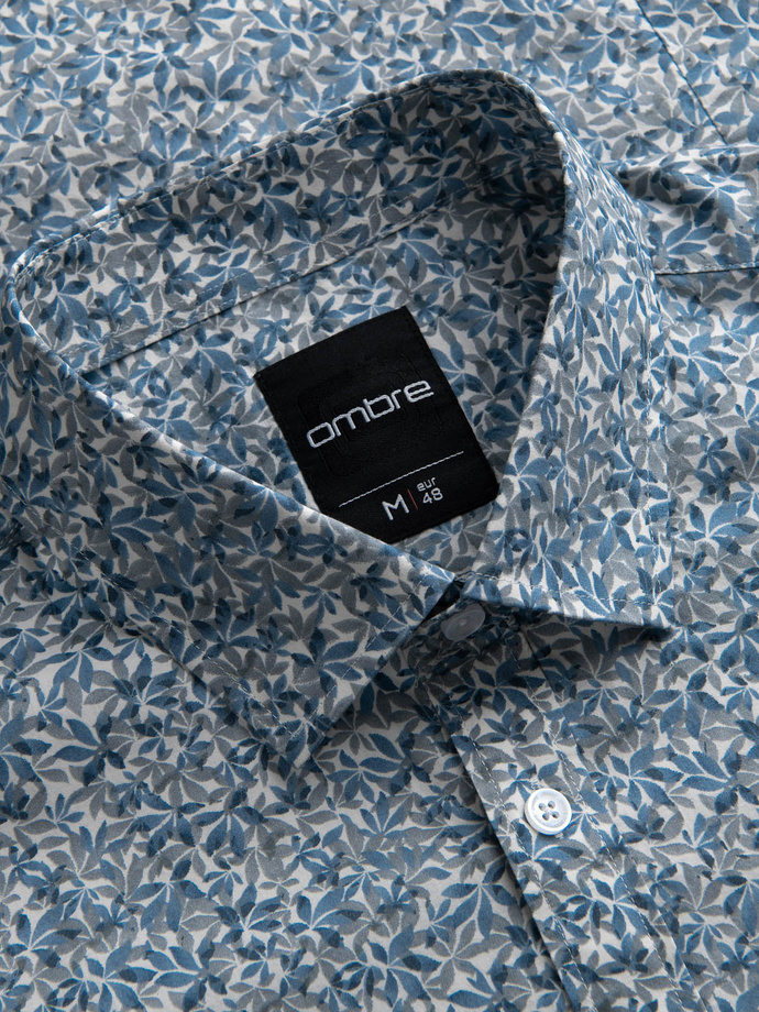 Vyriški SLIM FIT marškinėliai su mažų lapelių raštu - šviesiai mėlyni V1 OM-SHPS-0163