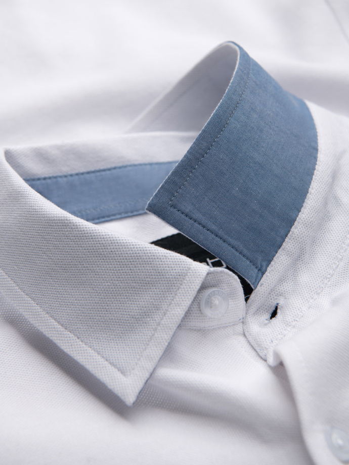 Men's knitted slim fit shirt with short sleeves and collar - white V1 OM-SHSS-0100