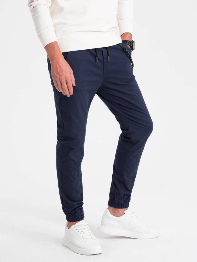 Men's fabric pants JOGGERS with decorative cord - navy blue V9 P908