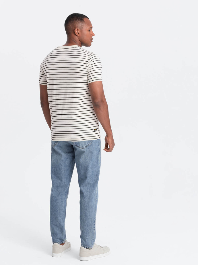 Tricou bărbătesc cu dungi și patch-uri Ombre Design - crem și negru V1 OM-TSCT-0183