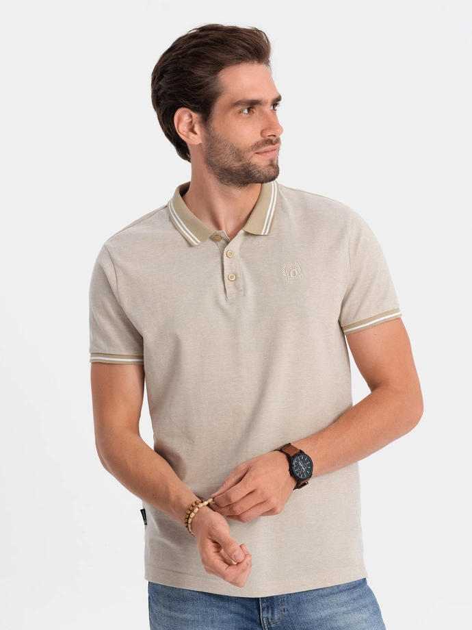 Men's melange polo shirt with contrast collar - cream V4 S1618