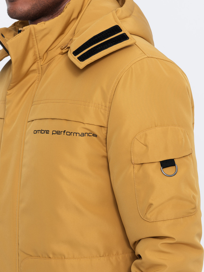 Men's insulated jacket with hood - mustard V2 OM-JAHP-0128