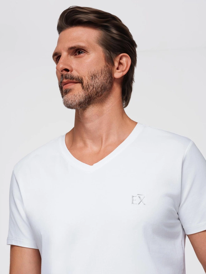Men's V-neck SLIM FIT t-shirt with elastane and print - white V2 OM-TSBC-0221