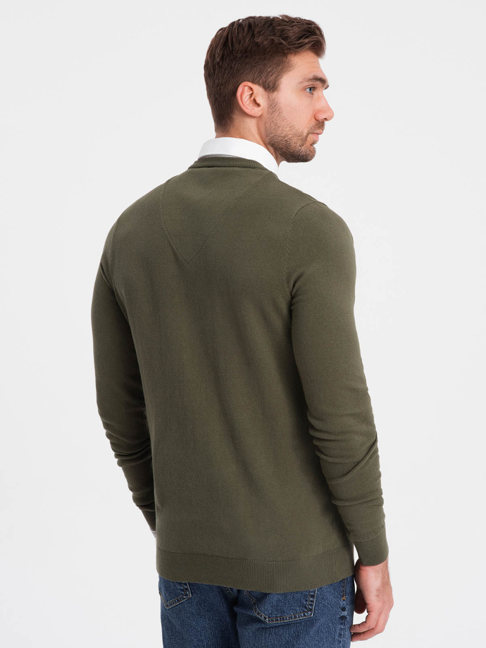 Men's sweater with v-neck with shirt collar - dark olive V5 OM-SWSW-0102