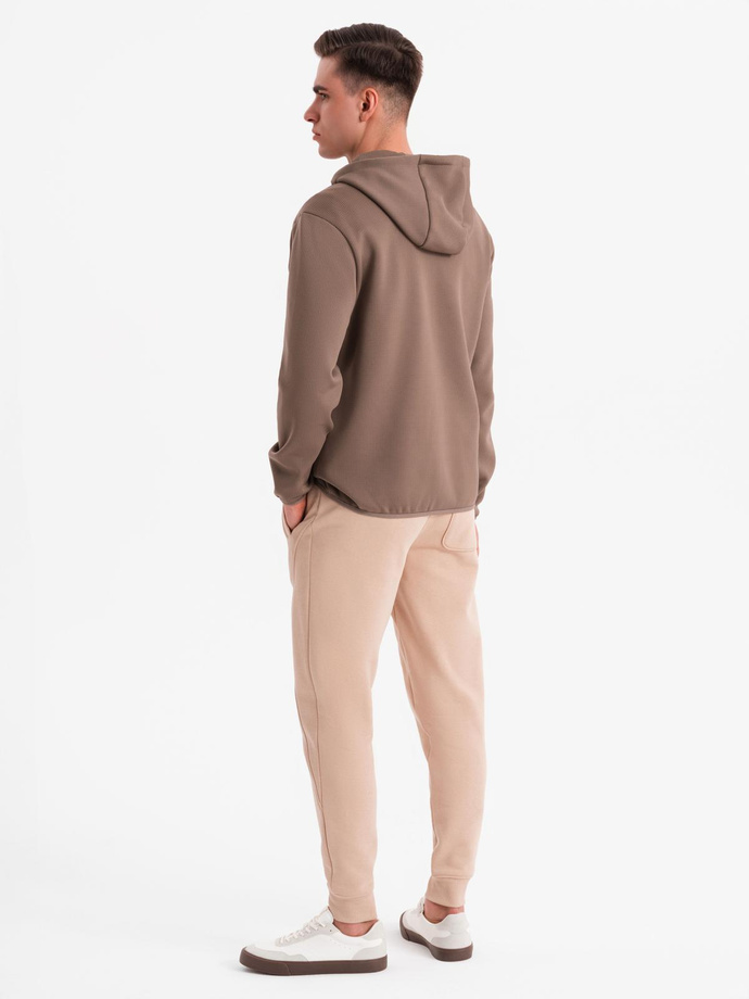 Men's lightweight jacket of combined materials with hood and decorative quilting - light brown V2 OM-JANP-0160
