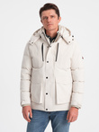 Men's winter jacket with detachable hood and cargo pockets - cream V2 OM-JAHP-0152