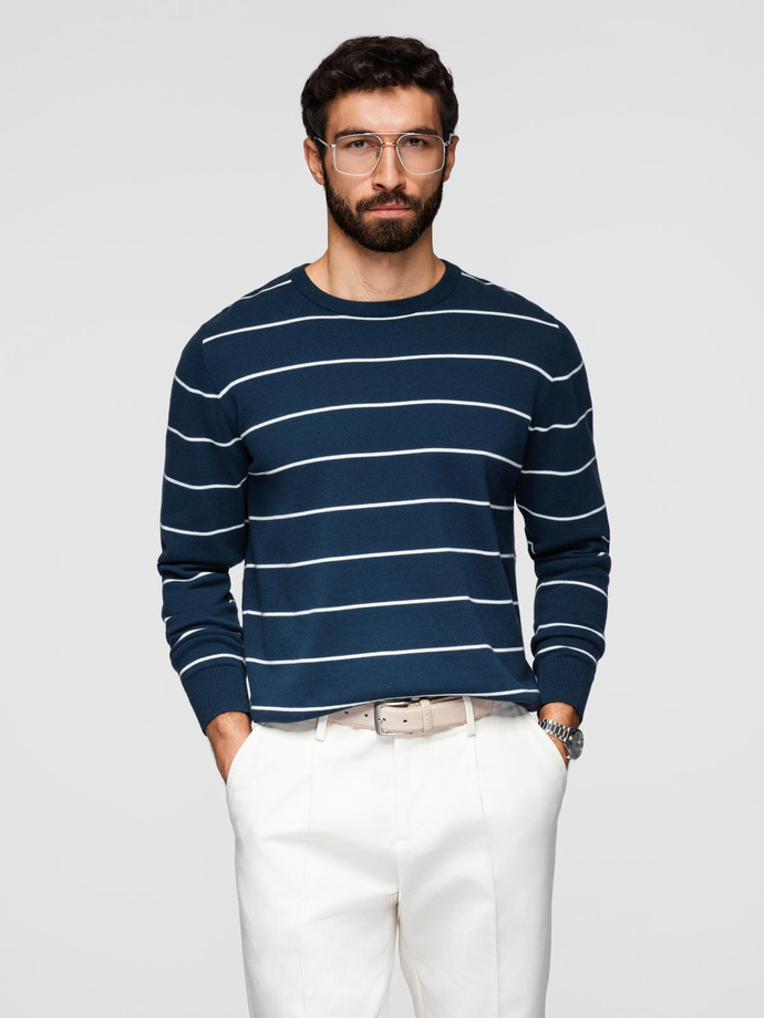 Pulover casual bărbătesc cu dungi orizontale - albastru marin V1 OM-SWSW-0143