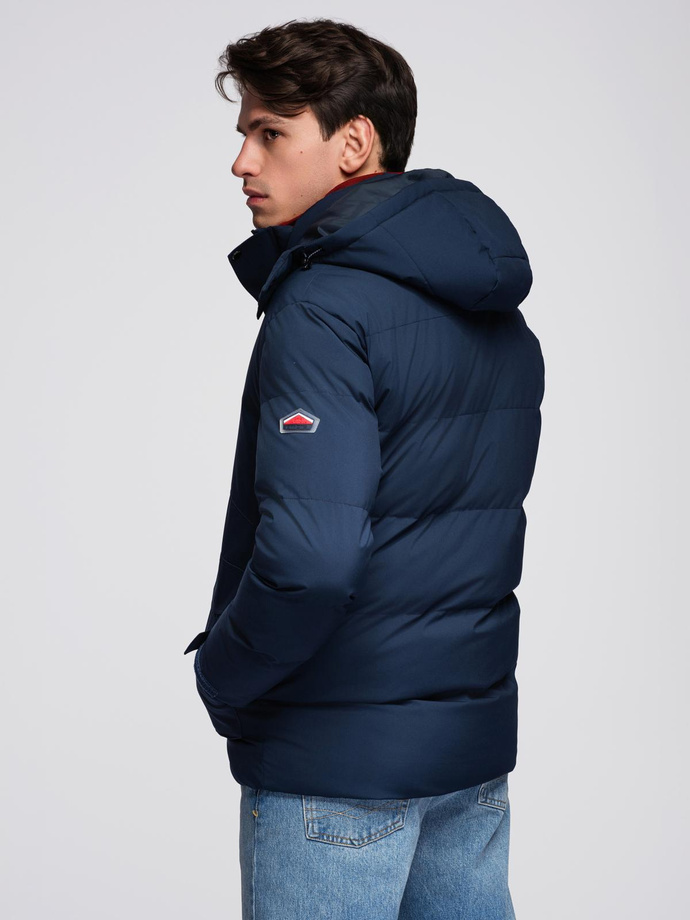 Men's winter jacket with detachable hood made of waterproof material - navy blue V1 OM-JAHP-0306