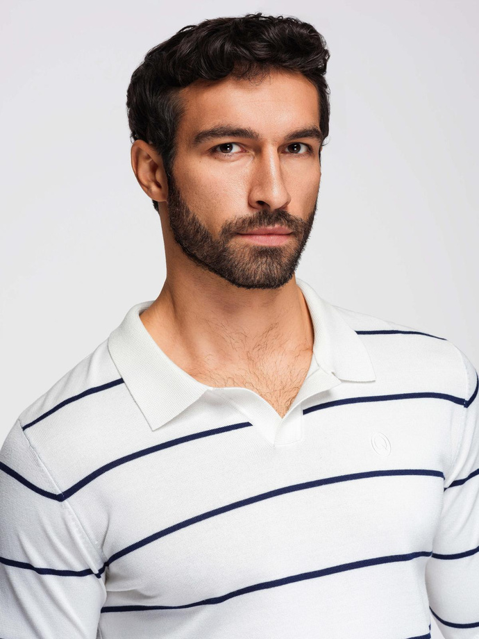Men's horizontal striped polo longsleeve with viscose - white and navy blue V2 OM-POLS-0146