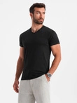 Tricou clasic din bumbac pentru bărbați BASIC cu guler în V - negru V1 OM-TSBS-0145