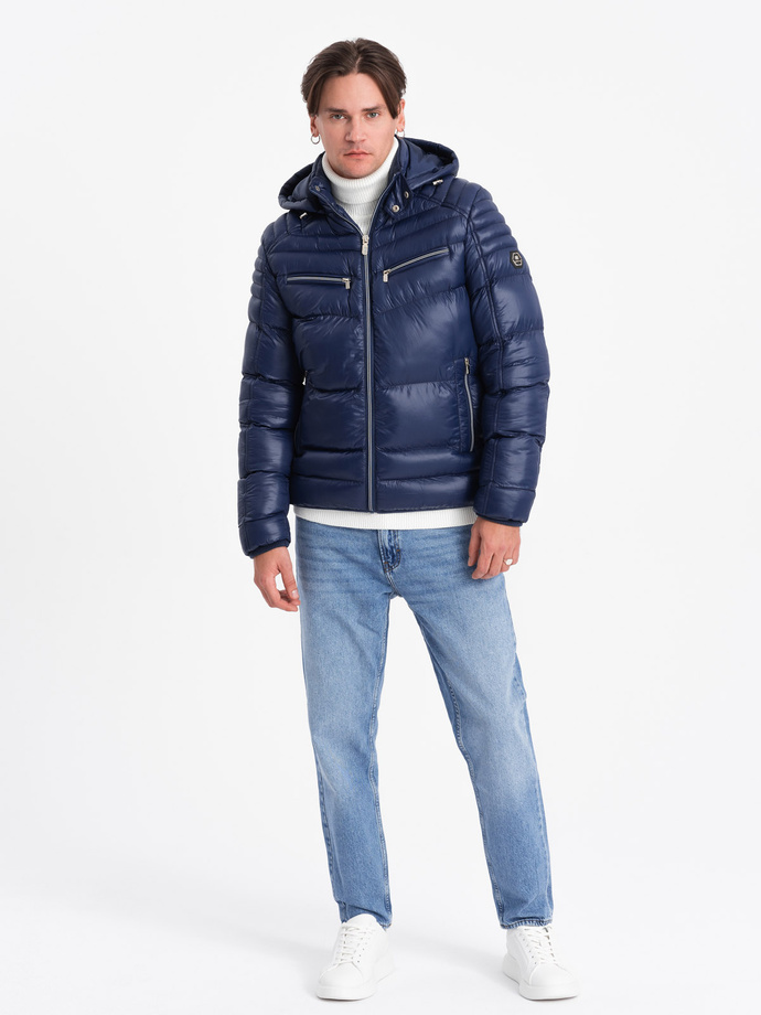 Heavily insulated quilted men's jacket with detachable hood - navy blue V2 OM-JAHP-22FW-010