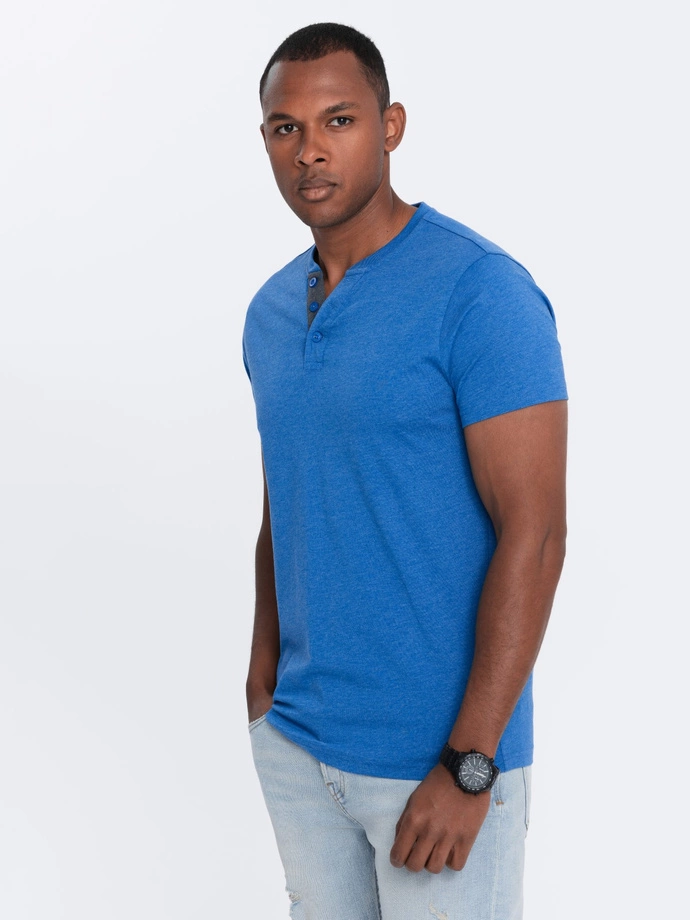 Men's t-shirt with round henley neckline - blue V2 OM-TSCT-0155