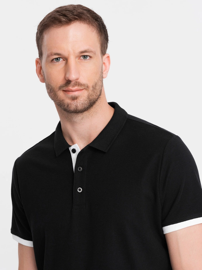 Men's cotton polo shirt with contrast trim - black V8 OM-POSS-0113