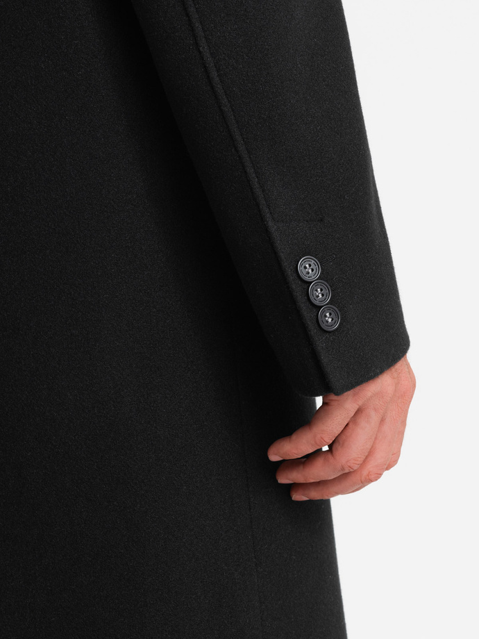 Pánsky dlhý jednoradový kabát s golierom a spodným plášťom - čierny V1 OM-COWC-0106