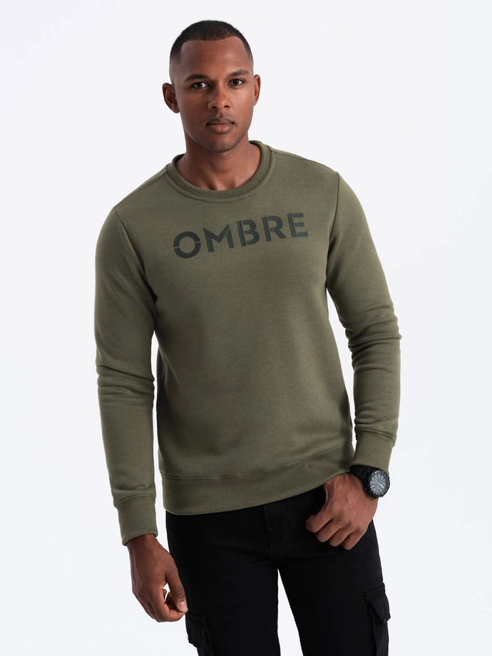 Classic men's sweatshirt with inscription - dark olive V2 OM-SSPS-0181