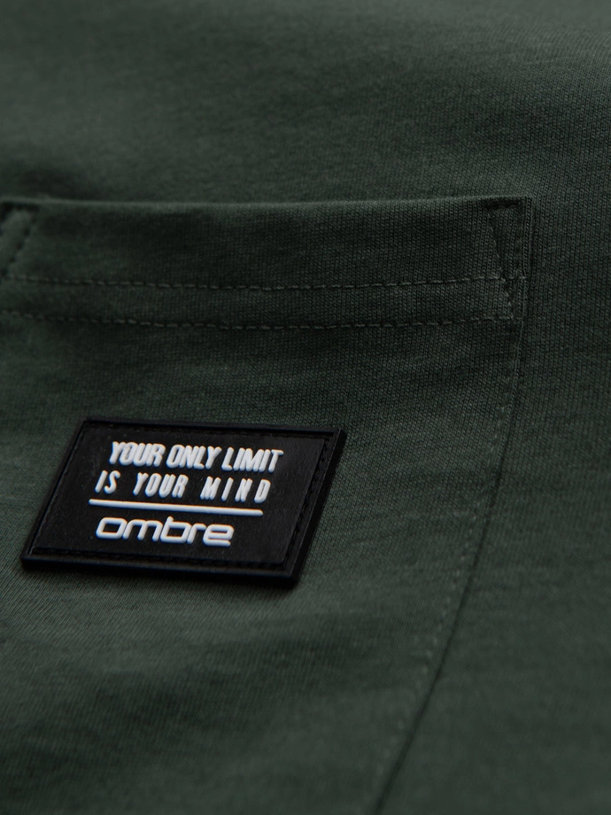 Casual men's t-shirt with patch on pocket - dark olive V4 OM-TSCT-0109