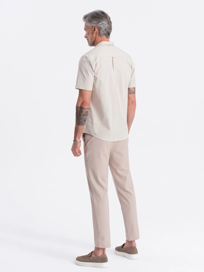 Pánská košile s krátkým rukávem a kubánským límcem - krémová V7 OM-SHSS-0168