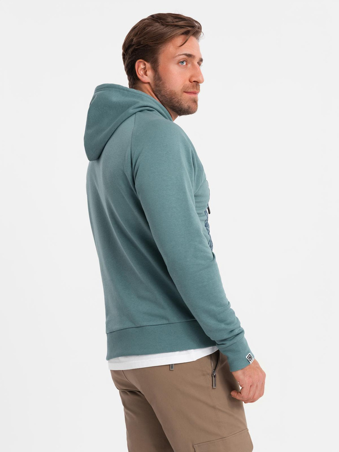 Men's non-stretch kangaroo sweatshirt with hood and print - turquoise V2 OM-SSPS-0158