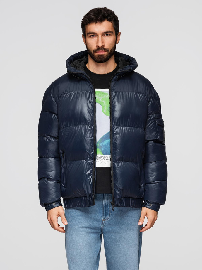Warm men's puffer jacket with welts - navy blue V2 OM-JAHP-0207