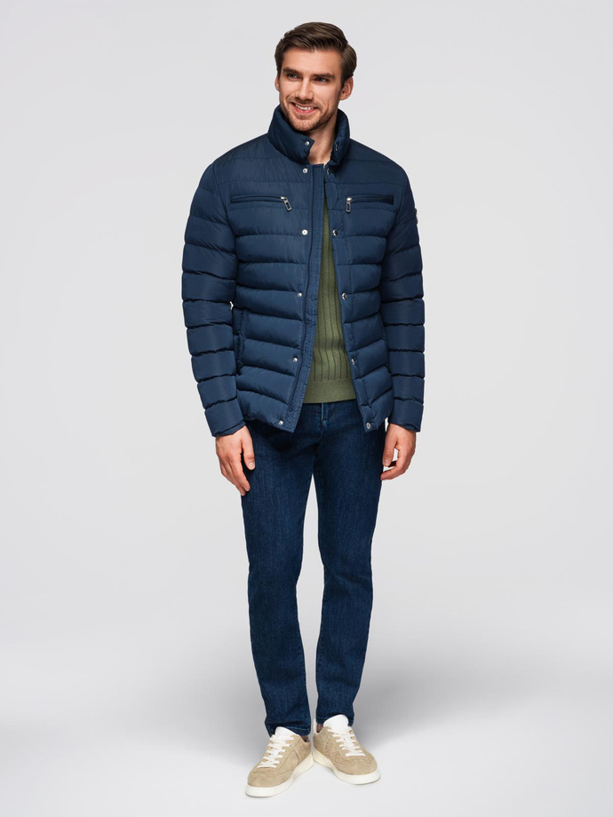 Men's quilted jacket with stand-up collar and chest zips - navy blue V2 OM-JALP-0260