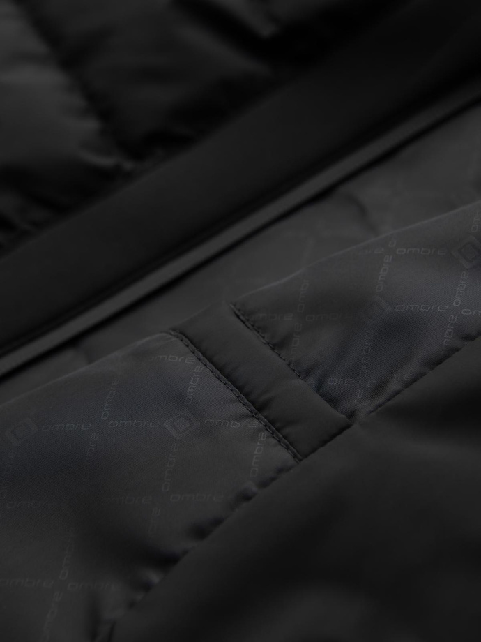 Prešívaná bunda bomber s kapucňou a pletenými rukávmi - čierna V1 OM-JALP-0298