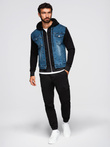 Men's denim jacket with knitted sleeves and hood - blue and black V2 OM-JADJ-0220