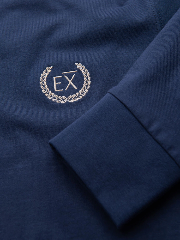 Men's cotton longsleeve with striped U neckline and embroidery - dark blue V3 OM-LSCL-0128
