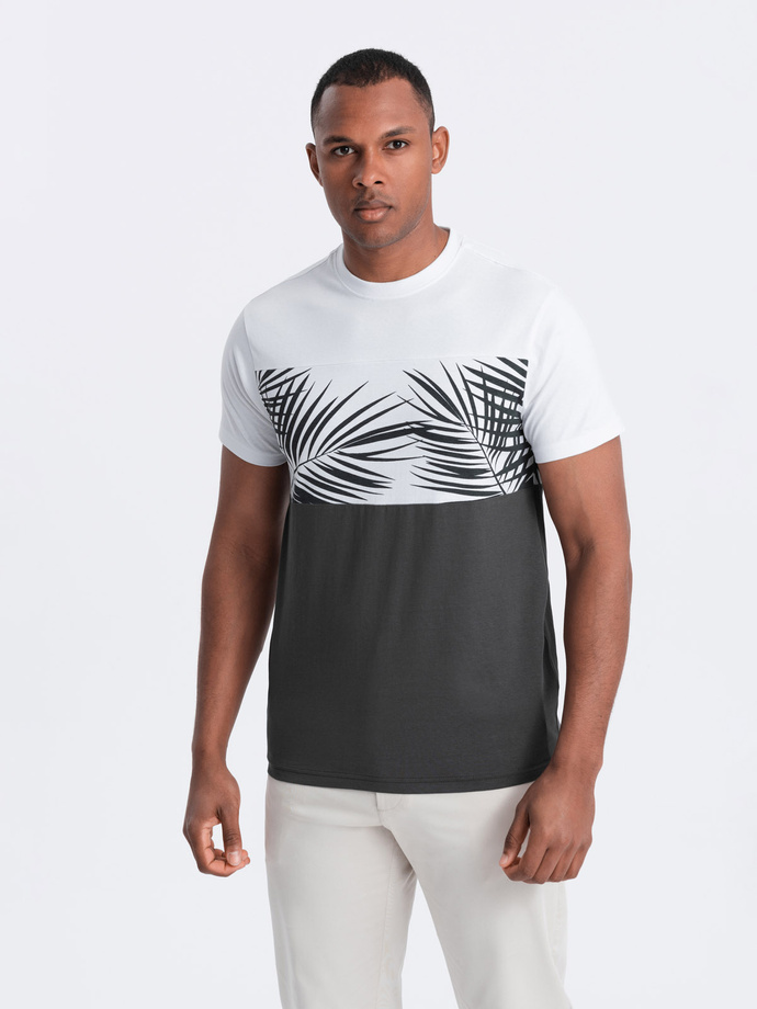 Men's two-tone t-shirt with palm leaf print - graphite V2 OM-TSPT-0177
