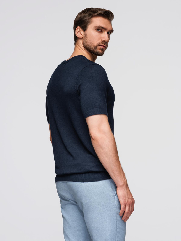 Vyriški klasikiniai trikotažiniai marškiniai su briaunomis - tamsiai mėlyni V1 OM-TSCT-0252