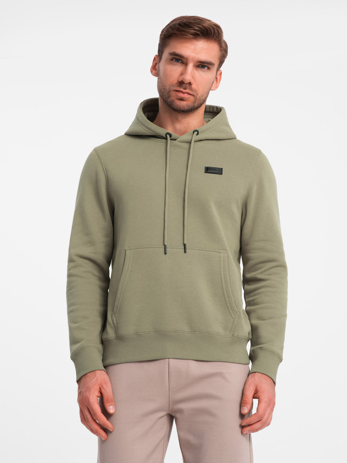Men's kangaroo sweatshirt with hood and metal pin - olive V2 OM-SSNZ-0141