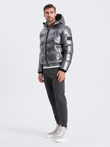 Men's glossy puffer jacket with hood - graphite V2 OM-JAHP-0129