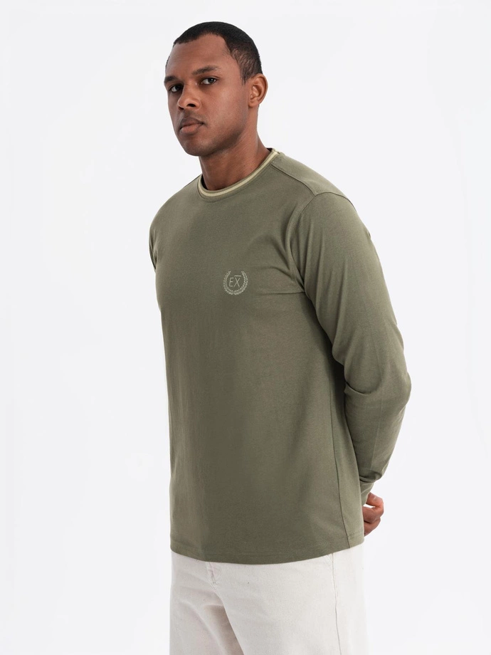 Men's cotton longsleeve with U neckline with stripes and embroidery - olive V1 OM-LSCL-0128