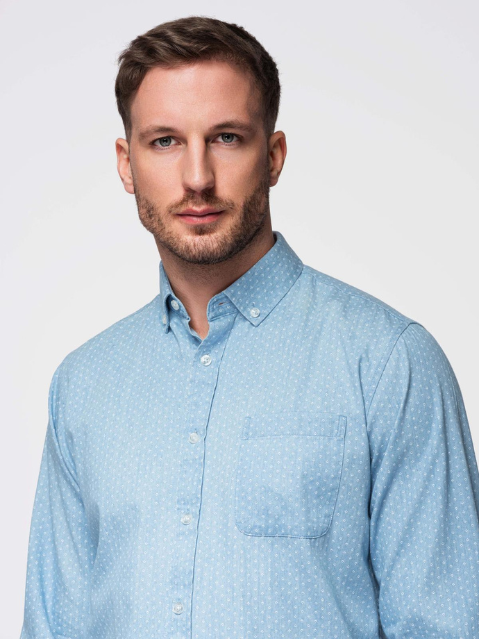 Men's patterned thin denim shirt with pocket - light blue V1 OM-SHDS-0179