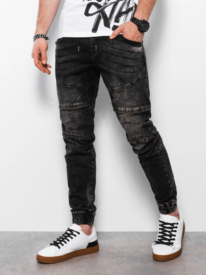 Men's marbled JOGGERS pants with decorative stitching - black V2 OM-PADJ-0111