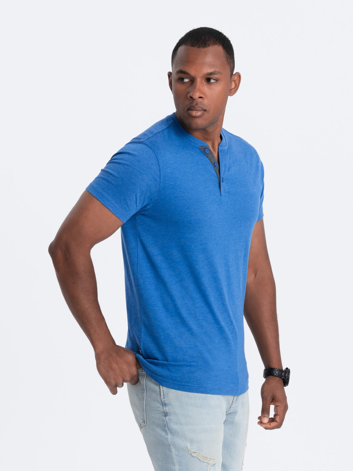 Men's t-shirt with round henley neckline - blue V2 OM-TSCT-0155