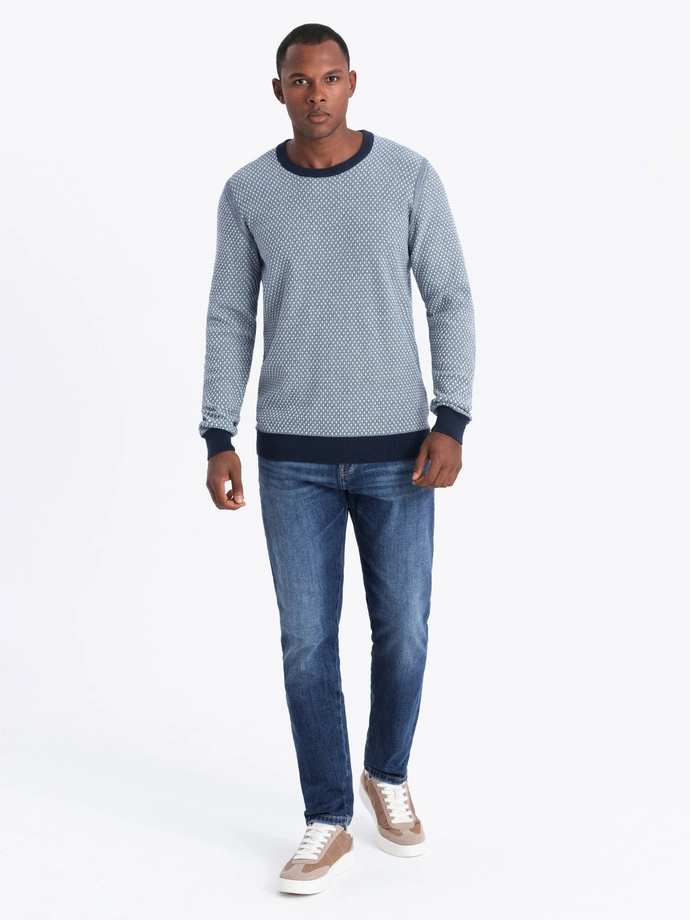 Knitted men's RELAXED FIT sweater with patterns - navy blue V1 OM-SWSW-0111