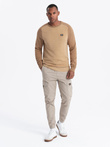Men's cotton sweater with patch and raglan sleeves - brown V4 OM-SWSW-0121