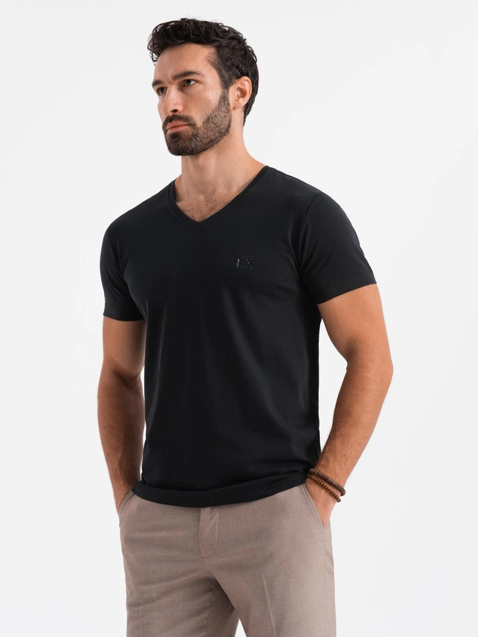 Pánske tričko SLIM FIT s výstrihom do V s elastanom a potlačou - čierne V1 OM-TSBC-0221