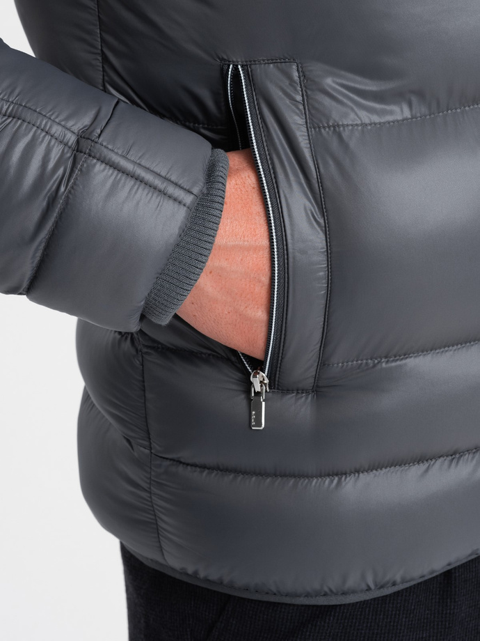 Heavily insulated quilted men's jacket with detachable hood - graphite V3 OM-JAHP-22FW-010