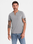 Men's t-shirt with button neckline and suede trim - grey V3 OM-TSCT-0206