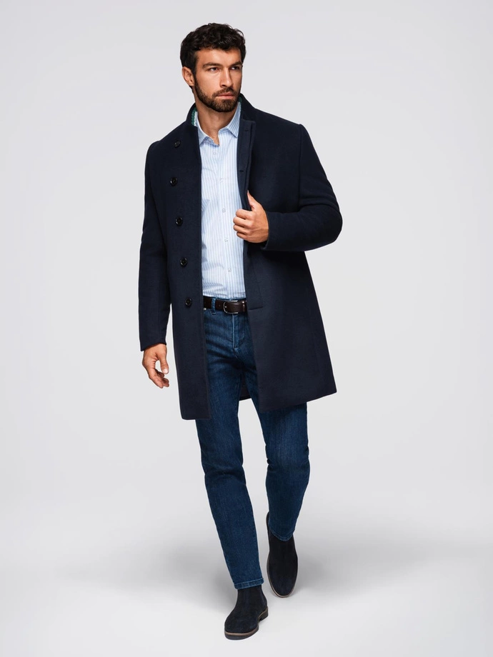 Men's coat with asymmetrical fastening and high collar - navy blue V3 OM-COWC-0141