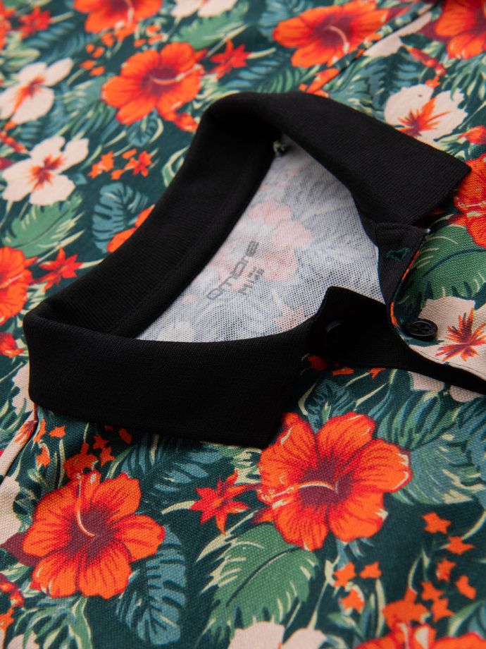 Bavlnené polo tričko s kvetinovou potlačou - čierne V2 OM-POSS-0149