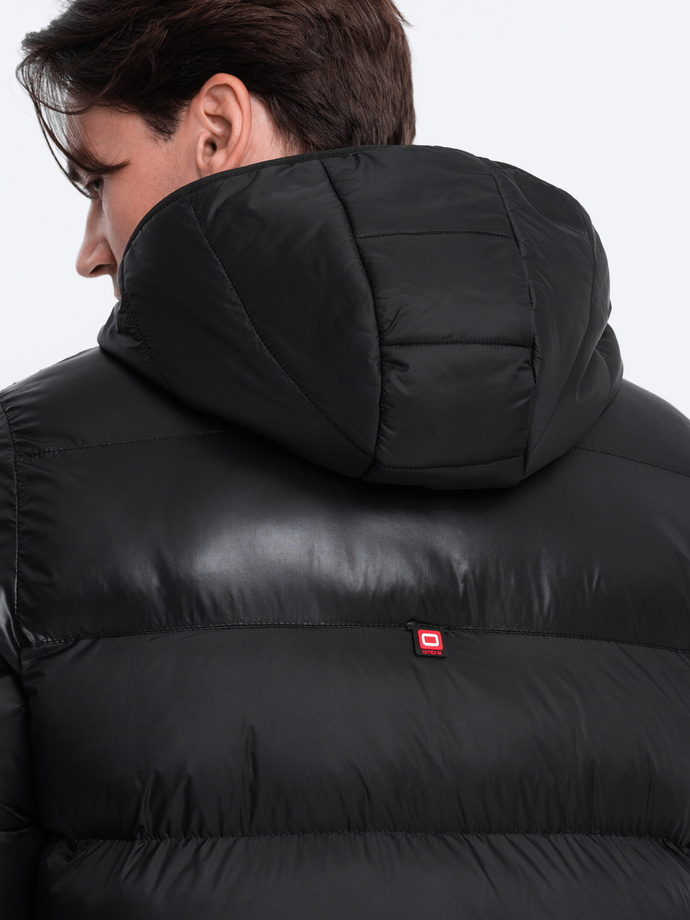 Jachetă de iarnă matlasată pentru bărbați din materiale combinate - negru V1 OM-JAHP-0145