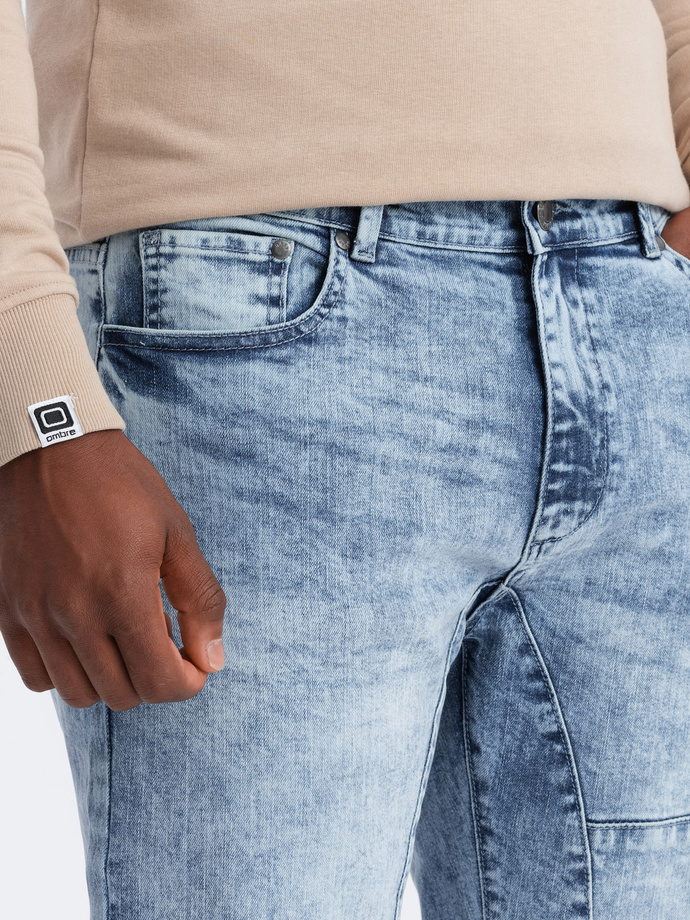 Men's denim TAPER FIT pants with stitching and rolled up legs - blue V1 OM-PADP-0161